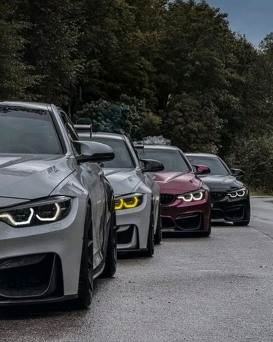 A row of four BMW cars parked on an asphalt surface with trees in the background, including a gray, light gray, dark red, and black model.