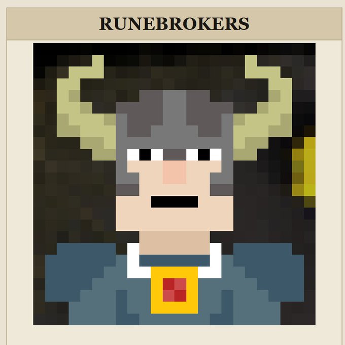A pixel art portrait titled "RUNEBROKERS" depicts a horned figure resembling a Viking or fantasy character with blonde horns, gray hair, and a blue robe featuring a red emblem. The image likely represents the author as a prominent figure in the crypto/meme token community, drawing a parallel between their success with dog tokens like $DOGEY_INU reaching $80M and Vitalik Buterin's charitable crypto activities.