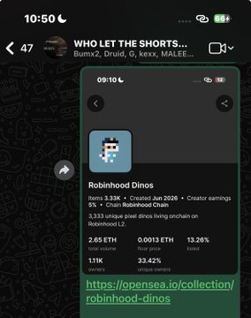 The screenshot displays a WhatsApp story post titled "WHO LET THE SHORTS..." from a group chat with 47 members, shared by "Bumx2, Druid, G, kexx, MALEE..." at 09:10. The post shows details about the "Robinhood Dinos" NFT collection, listing 3.3M items created on Jan 2026, with 3.33% royalties and a floor price of 0.0013 ETH. The accompanying text "more and more… wen punks pump?" appears to reference the low floor price (0.0013 ETH) and 33.42% 1-year price decline, humorously questioning when the NFT market will recover.