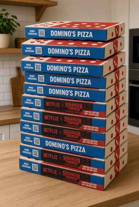 A tall stack of Domino's Pizza boxes alternating with Netflix x Stranger Things 'Limited Edition 80's Retro Box' branded boxes on a wooden countertop.
