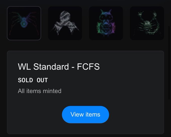 A 'SOLD OUT' notification for a 'WL Standard - FCFS' NFT mint showing all items have been minted, with four colorful glitch-art style digital items displayed at the top and a 'View items' button.