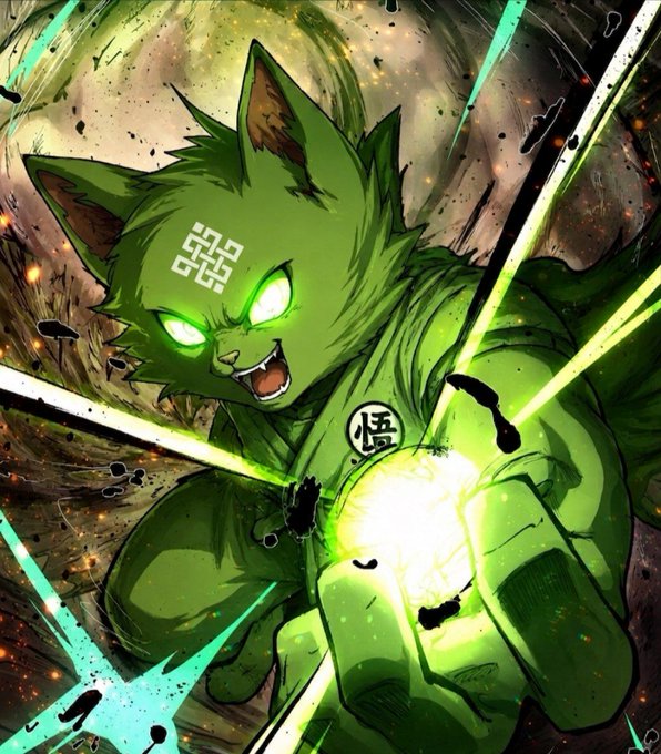 The image features a green cat with glowing eyes, dressed as a dragon or tiger fighter, holding a glowing orb above its head. The cat appears to be in a fighting stance, ready for battle. The background of the image is filled with explosions, creating an intense and dramatic atmosphere. The post that accompanies this artwork reads: "gRitual everyone 𝗧𝗵𝗼𝘀𝗲 𝘄𝗵𝗼 𝗯𝘂𝗶𝗹𝗱 𝘁𝗵𝗲 𝗳𝘂𝘁𝘂𝗿𝗲 𝗔𝗿𝗲 𝗮𝗹𝗿𝗲𝗮𝗱𝘆". The image and the post both seem to be related, as they are part of a single artwork or series.