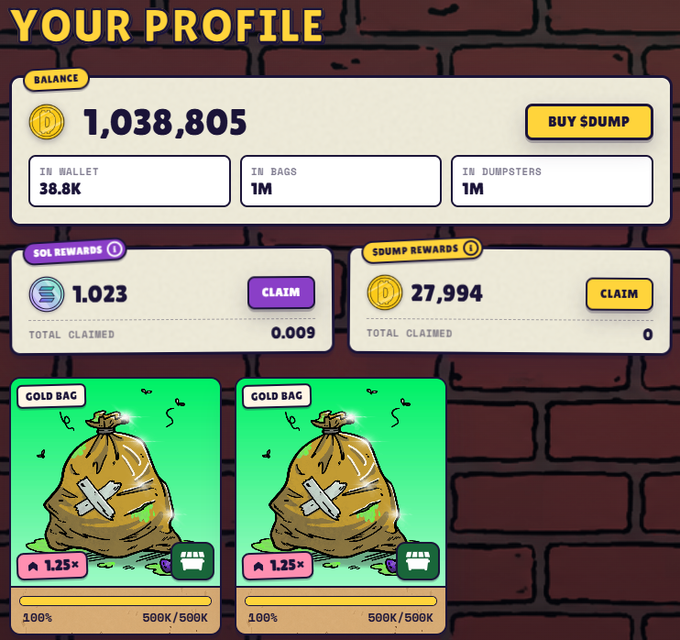 A user profile screen from a crypto/gaming app showing a balance of 1,038,805 DUMP tokens, with 38.8K in wallet and 1M each in bags and dumpsters, plus SOL and DUMP rewards sections.