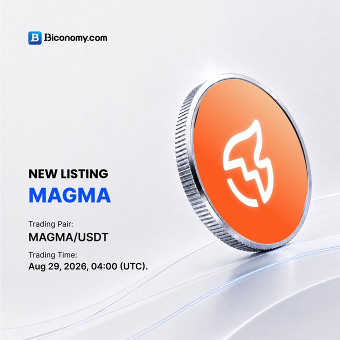 A promotional graphic announces a 'NEW LISTING' for 'MAGMA' on Biconomy.com, with trading pair MAGMA/USDT and trading time Aug 29, 2026, 04:00 (UTC).
