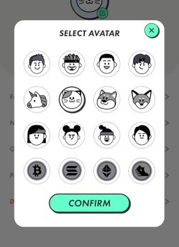 A mobile app interface displays a 'SELECT AVATAR' screen with a grid of 16 cartoon-style avatar options including various people, animals, and cryptocurrency logos (Bitcoin, Solana, Ethereum, Litecoin), with a green 'CONFIRM' button at the bottom.
