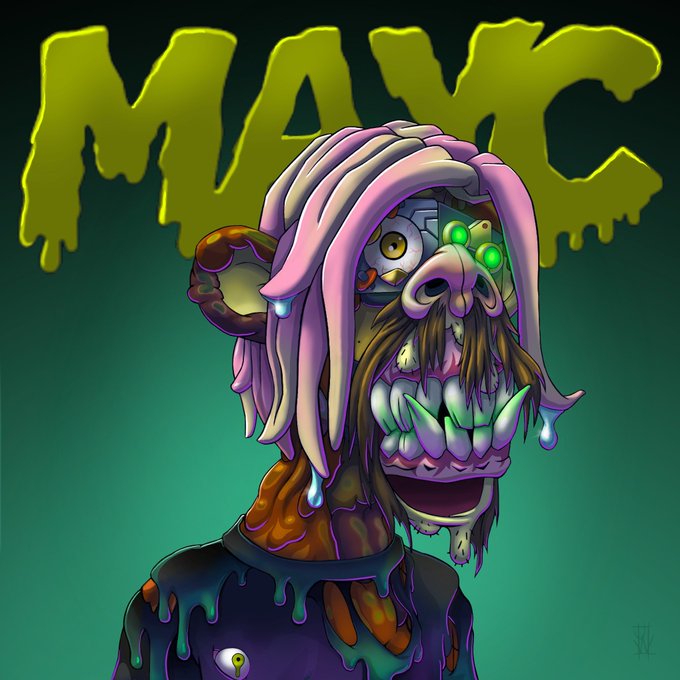 A stylized digital illustration of a grotesque, zombie-like character with pink hair, a gaping mouth full of teeth, and glowing green eyes, set against a green background with the word 'MAXC' in yellow dripping letters.