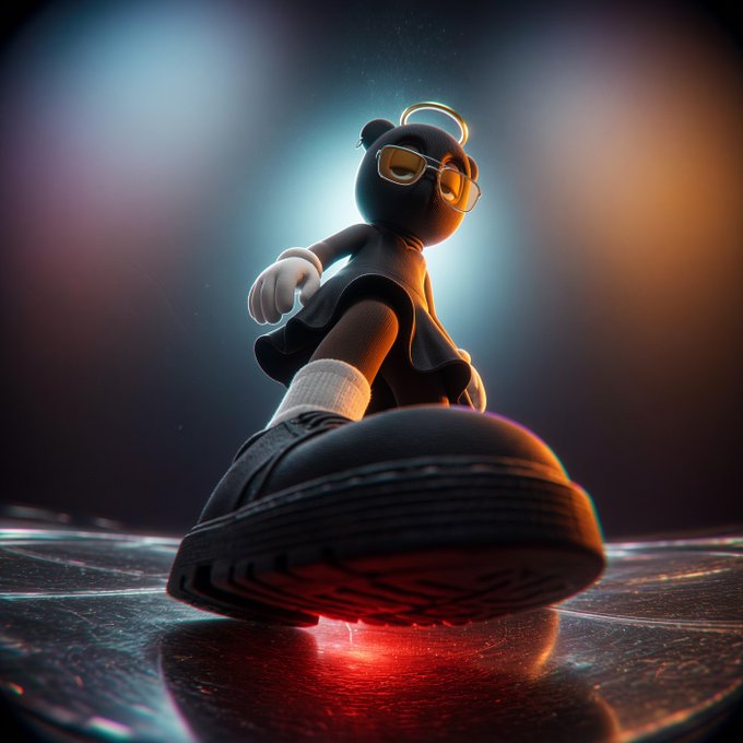 A stylized 3D render of a character wearing a black hoodie, white gloves, sunglasses, and a halo, with a giant black sneaker in the foreground under dramatic colored lighting.
