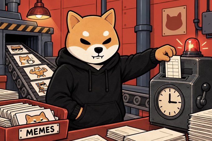 A Shiba Inu character in a black hoodie operates a meme production line, stamping papers from a time clock next to a conveyor belt of Shiba memes, with a red crate labeled "MEMES" in the foreground—visually reinforcing the post's message that $SHIB is clocking in and the meme factory is working overtime.