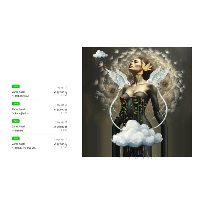 A digital artwork featuring a woman in a black corset with two white doves perched on her shoulders, surrounded by clouds and butterflies, displayed alongside auction listings for the artist 'Zahra haeri' with bids at '2.00 tg'.