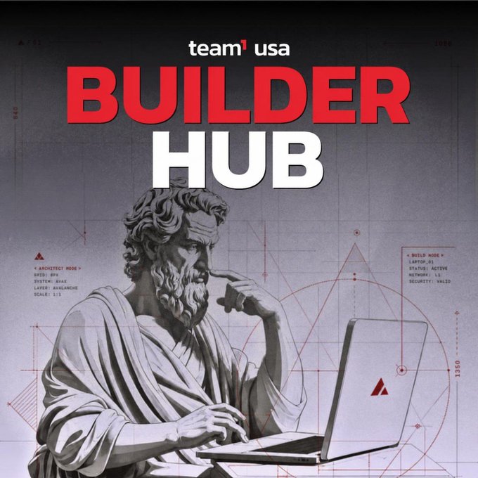 A promotional graphic for 'Team USA Builder Hub' featuring a classical statue of a bearded thinker (resembling Aristotle) in front of a laptop, set against a blueprint-style background with technical text like '<ARCHITECT MODE>' and '<BUILD MODE>'.