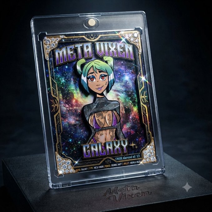 A holographic trading card titled "META VIXEN GALAXY" featuring an anime-style female character, displayed inside a clear plastic sleeve on a stand.