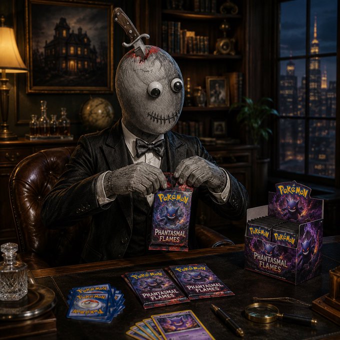 A horror-themed promotional image features a figure with a stitched mask and a knife embedded in its head, wearing a suit, opening a 'Pokémon PHANTASMAL FLAMES' card pack in a dark Victorian study.