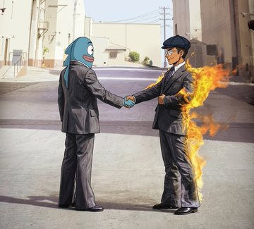 An anime-style illustration depicting two figures in suits shaking hands on a street; one wears a blue fish head mask while the other is engulfed in flames and wears a police cap.
