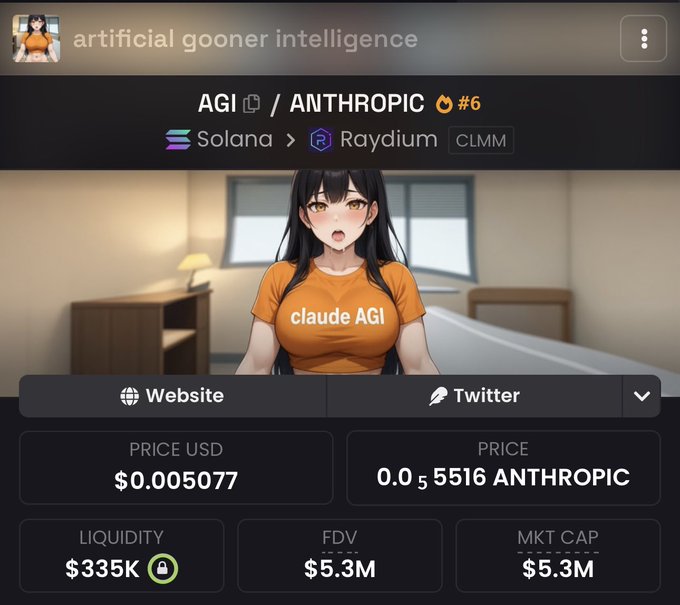 A cryptocurrency trading interface displaying a token called "AGI / ANTHROPIC" (named "artificial gooner intelligence") with an anime girl wearing a "claude AGI" shirt, showing a price of $0.005077, liquidity of $335K, and market cap of $5.3M on the Solana/Raydium network.