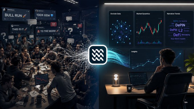 A split-screen graphic contrasting a chaotic crypto trading floor scene with text like 'BULL RUN', '100X GEM', 'TO THE MOON' against a calm analyst at a desk with charts showing DePIN, DeFi, and market data.