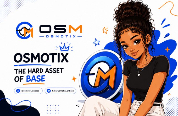 A promotional graphic for 'OSMOTIX' featuring the OSM logo, tagline 'THE HARD ASSET OF BASE,' social handles @osmotix_onbase and t.me/Osmotix_onbase, and an illustrated woman with curly hair in a high bun.