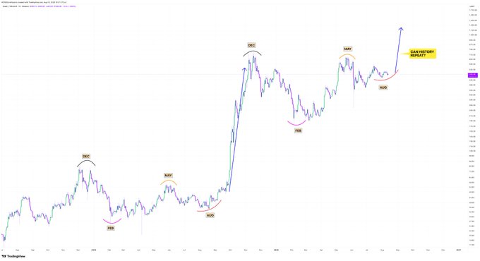 A TradingView chart displays the SOL/USDT cryptocurrency pair, with annotations marking 'DEC' (December), 'MAY', 'FEB', and 'AUG' peaks and troughs, ending with a 'CAW/VICTORY REPEAT?' label pointing to recent price action.