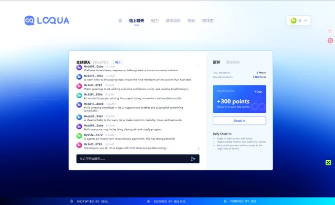 A website interface for 'LOQUA' displaying a chat interface on the left with AI assistant responses and a 'Check-in' panel on the right offering '+300 points'.