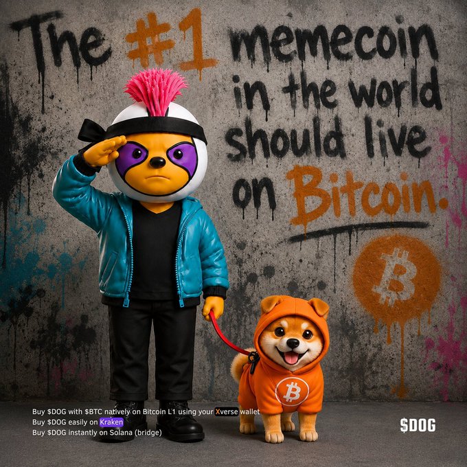 A graffiti-style promotional image for $DOG showing a character in a pink mohawk and dog mascot, with text 'The #1 memecoin in the world should live on Bitcoin.'