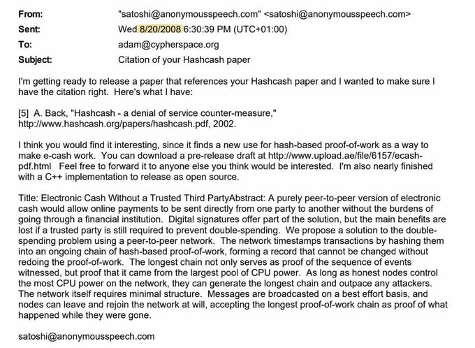 This image shows the August 8, 2006 email from "satoshi@anonymouseerch.com" to Adam Back (adam@cypherspace.org) titled "Citation of your Hashcash paper," in which Satoshi shares a pre-release draft of his Bitcoin whitepaper for review and references Back's 2002 Hashcash paper on denial-of-service counter-measures. The email is historically significant as one of the earliest known communications Satoshi had with the cypherpunk community, and it relates to the renewed speculation that Back himself may be Satoshi Nakamoto.