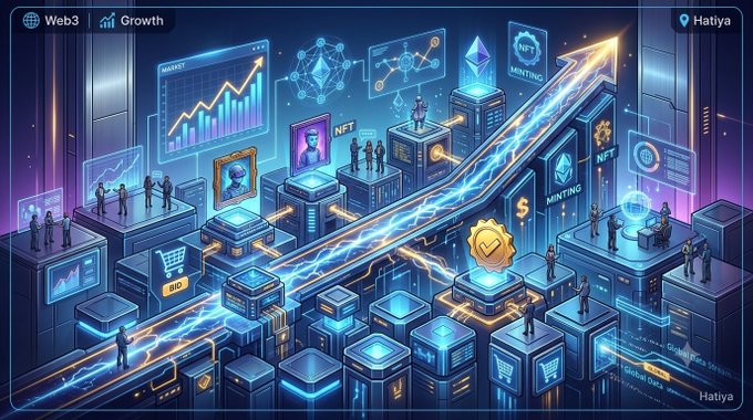A futuristic 3D isometric illustration depicting a 'Web3 Growth' cityscape with crypto-themed buildings labeled 'NFT', 'MINTING', 'MARKET', and 'BID', featuring people walking on illuminated blue pathways.