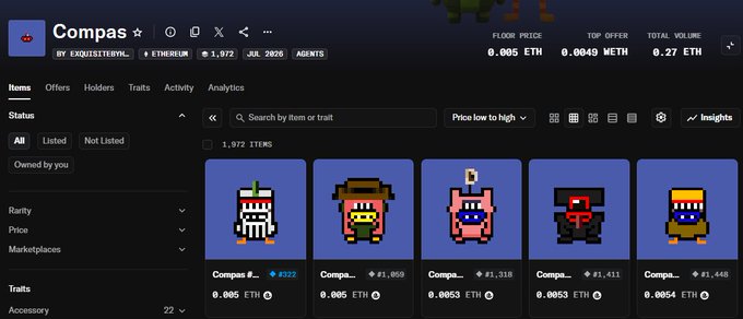 A screenshot of an NFT marketplace page for 'Compas' by EXQUISITEDIGITAL on the Ethereum network, showing 1,072 items with a floor price of 0.005 ETH and total volume of 0.27 ETH.