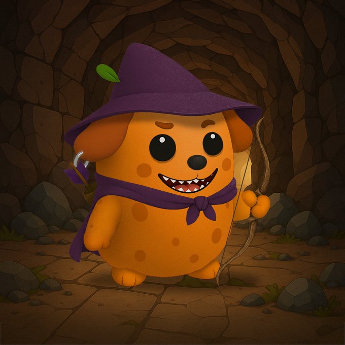 A cartoon illustration of an adorable orange, round character dressed as a wizard or adventurer, wearing a purple witch hat with a green leaf and a purple scarf, holding a bow and a candle while standing in a stone cave.
