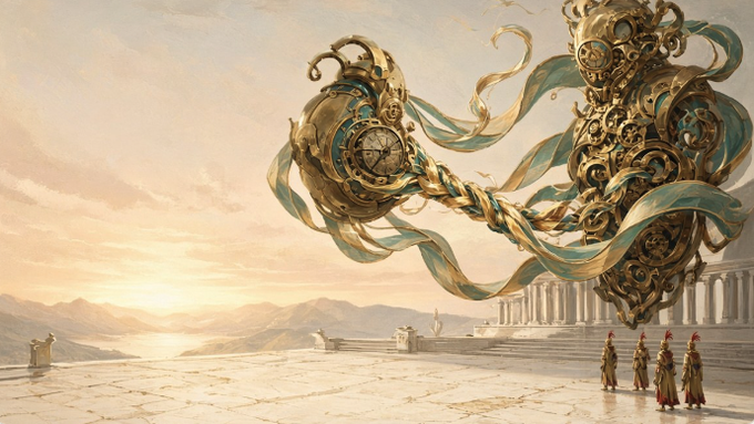 A fantasy digital artwork depicts a massive, ornate golden mechanical artifact adorned with ribbons and clock faces floating above an ancient plaza, where four small figures stand in awe below.
