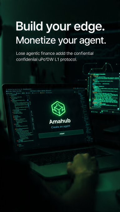A laptop displays the "Amahub - Create an agent" interface with a green hexagonal logo, alongside code on adjacent monitors in a dark, developer-focused setting, with overlay text reading "Build your edge. Monetize your agent" promoting Ama Protocol's confidential L1 for AI agent development.