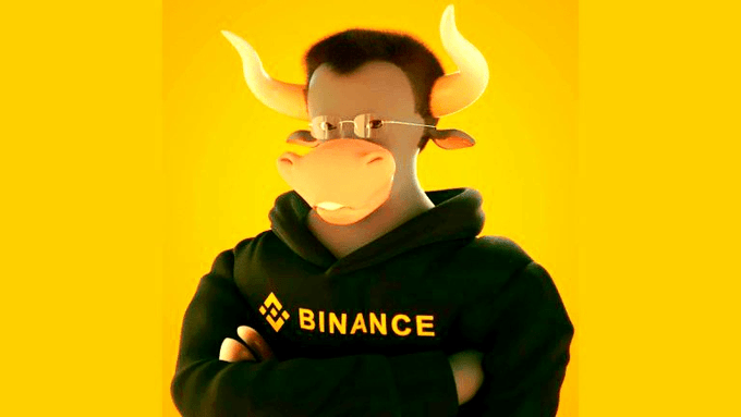 A stylized 3D rendering of a figure wearing a black hoodie with the Binance logo, featuring a bull-like head with horns and sunglasses against a yellow background.