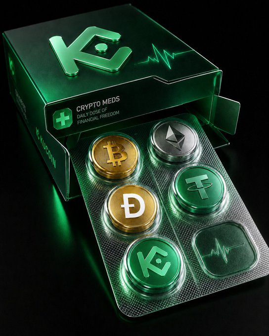 A blister pack labeled "CRYPTO MEDS - DAILY DOSE OF FINANCIAL FREEDOM" displays metallic pills featuring Bitcoin (₿), Ethereum (Ξ), Tether (₮), Dogecoin (Ð), and KC (KuCoin Shares) logos, humorously framing cryptocurrency holdings as a daily regimen.

The image playfully reinforces the post's message by visualizing BTC, ETH, and KCS as essential "medication," with the featured green KC pill taking center stage to suggest it should be a staple in any crypto "diet."