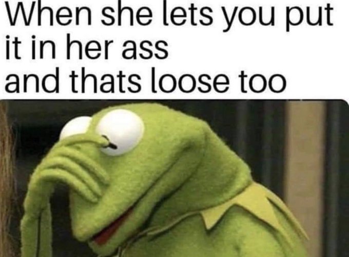 A Kermit the Frog meme with the text 'When she lets you put it in her ass and thats loose too', showing Kermit covering his face.