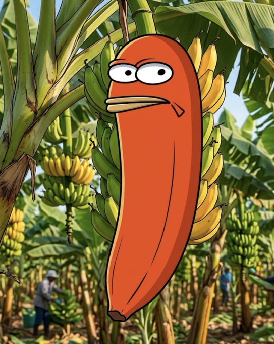 A cartoon-style illustration of an anthropomorphic orange banana with eyes and lips hanging from a banana tree in a plantation setting with workers visible in the background.