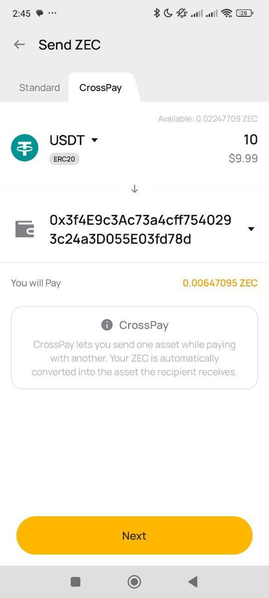The screenshot shows a Zashi wallet "Send ZEC" screen using the new CrossPay feature, where the user can send 10 USDT (ERC20) to the address `0x3f4E9c3Ac73a4cff7540293c24a3D055E03fd78d` while automatically paying with only 0.00647095 ZEC from their balance. The informational box explains that "CrossPay lets you send one asset while paying with another," demonstrating how users can pay sellers requesting USDT using their existing ZEC holdings without manual conversion.