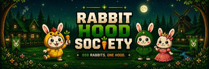 A pixel-art banner promoting the "Rabbit Hood Society" NFT collection, featuring three cartoon rabbits in colorful hoodies against a moonlit village backdrop, with the text "888 RABBITS, ONE HOOD" and a supply of 888 — matching the giveaway's details for 10x whitelist spots on the Robinhood chain.
