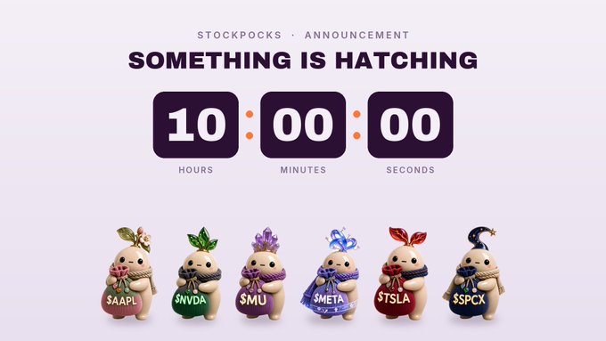A 'Stockpocks Announcement' graphic shows a countdown timer at 10:00:00 above six egg-shaped characters representing tickers $AAPL, $NVDA, $MU, $META, $TSLA, and $SPCX.