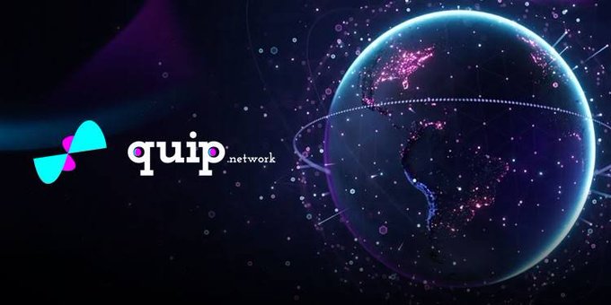 The Quip Network logo displayed alongside a stylized digital globe with glowing purple network connections against a dark cosmic background.