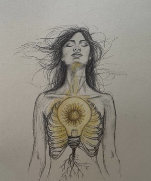 A surreal pencil and watercolor drawing of a serene woman with closed eyes, her hair flowing outward, with a glowing lightbulb-sunflower blooming in place of her heart and roots extending downward from her torso. The artwork reflects the emotional and spiritual themes of the artist's pieces "Soulflower" and "Born in Silence," which were collected on secondary sale for AEW, capturing the introspective, soulful essence conveyed in the post.