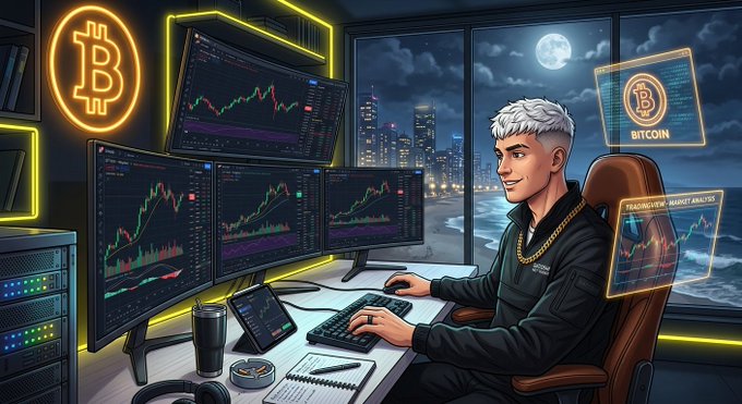 An illustration of a young man with white hair trading Bitcoin on multiple monitors in a high-tech setup with neon Bitcoin symbols and a city skyline at night.