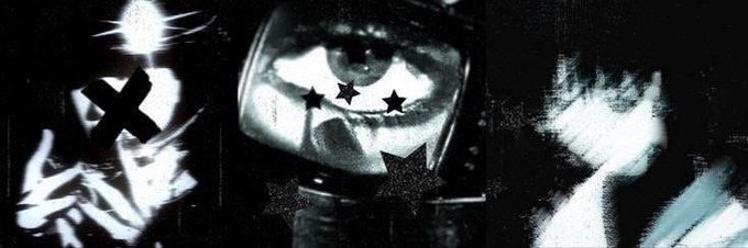 This abstract, glitch-art image features a black cross over a skeletal figure, a stylized eye with stars, and a blurry figure, evoking a sense of mystery and intrigue relevant to the Tria and MindoAI campaign.