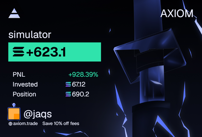 A dark promotional graphic for AXIOM trading displays a "simulator" showing a profit of +623.1, with a PNL of +928.39% and an invested amount of 67:12, alongside the handle "@jaqs" and a "Save 10% off fees" call-to-action. The image relates to the post by showcasing impressive simulated trading gains as a contrasting counterpart to the modest 60-ball trade off a 20-sol buy, highlighting either fantasy vs. reality or showcasing the platform's profit-tracking capabilities.
