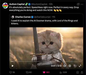 A tweet from Autism Capital (@AutismCapital) featuring a quote tweet from Charles Curran (@charliecurran) about using AI to explain the 'AI Doomer drama' with Lord of the Rings and kittens, accompanied by an image of a kitten in armor holding a sword.