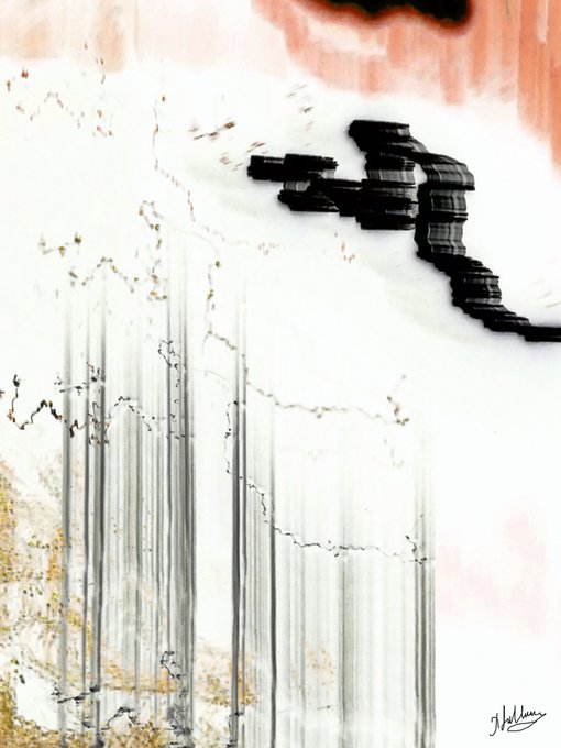 An abstract digital artwork featuring dripping, glitch-like vertical lines cascading downward, with a dark, blocky mass in the upper right against a pale background, signed by the artist.