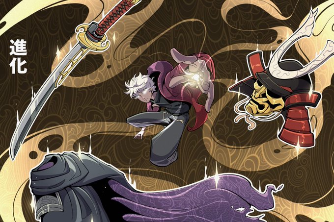 An anime-style illustration showing a white-haired character with a glowing fist facing off against an armored samurai figure, with a katana sword and Japanese text '進化' (evolution) visible.