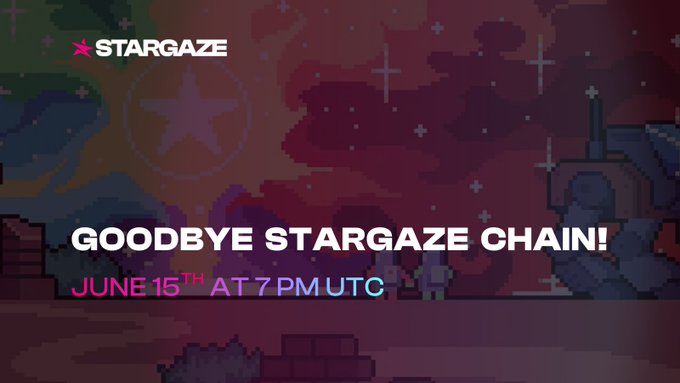 The image shows a large red and pink background with white stars scattered throughout, giving the impression of a space scene. The text "Goodbye Stargaze Chain" is prominently displayed against this backdrop, and below it reads an event date, time, and location as well as additional details about the post.