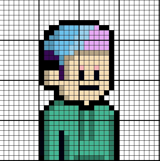 A pixel art portrait on a grid showing a character with half-blue half-pink hair, a neutral expression, and a teal and green shirt.