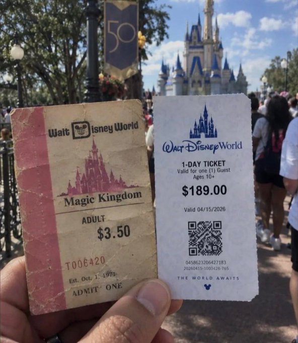 A hand holds two Walt Disney World tickets in front of Cinderella Castle: a vintage 1973 Magic Kingdom adult ticket priced at $3.50, and a modern 1-day ticket valid for 04/15/2026 priced at $189.00.