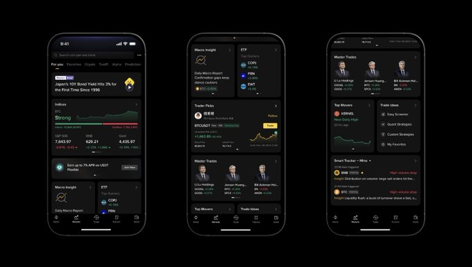 Three iPhones display Binance's mobile app featuring AI-powered market insights, with visible tickers like COPI, POND, BTC, and ETH, alongside a "Strong" market indicator (1,643.97) and a "Perfect" Top Movers section highlighting assets like MEME and BNB. The screens showcase Binance Intelligence in action, integrating AI-driven analysis, real-time market data, and personalized trading workflows across the platform's ecosystem.