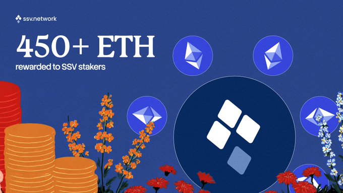 A promotional graphic for SSV Network announces '450+ ETH rewarded to SSV stakers' alongside the SSV diamond logo, decorative stacks of orange coins, and stylized floral illustrations on a blue canvas.