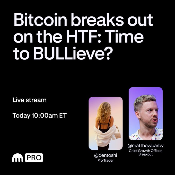 Promotional graphic for a Kraken Pro live stream titled "Bitcoin breaks out on the HTF: Time to BULLieve?" featuring hosts @dentoshi (Pro Trader) and @matthewbarby (Chief Growth Officer, Breakout), scheduled for today at 10:00am ET. The design complements the post's announcement of the duo going live to discuss the Bitcoin breakout and its implications for Q4.